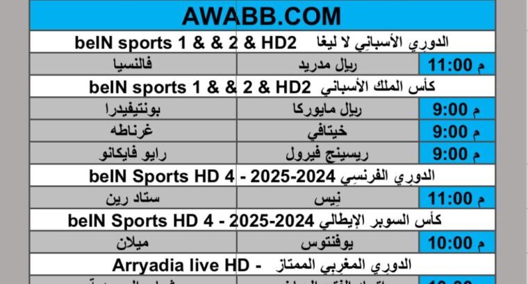 جدول مباريات كرة القدم يوم الجمعة 2025/1/3 م