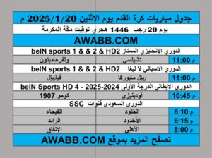 جدول مباريات كرة القدم يوم الإثنين 2025/1/20 م