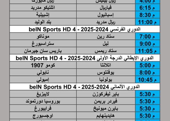 جدول مباريات كرة القدم يوم السبت 2025/1/25 م