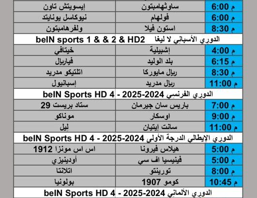 جدول مباريات كرة القدم يوم السبت 2025/2/1 م