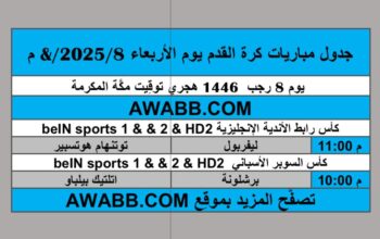 جدول مباريات كرة القدم يوم الأربعاء 2025/8/& م كاس رابطة الأندية الإنجليزية