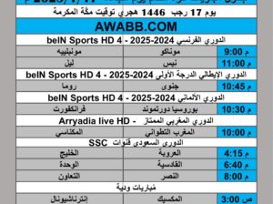 جدول مباريات كرة القدم يوم الجمعة 2025/1/17 م