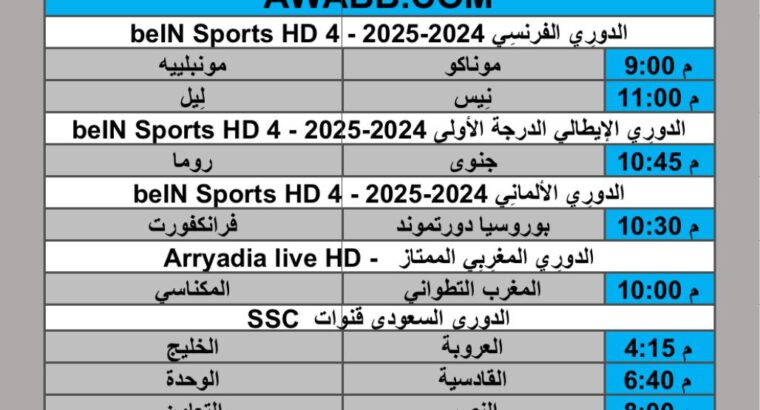 جدول مباريات كرة القدم يوم الجمعة 2025/1/17 م