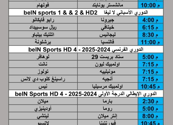 جدول مباريات كرة القدم يوم الأحد 2025/1/26 م