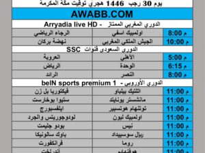 جدول مباريات كرة القدم يوم الخميس 2025/1/30 م