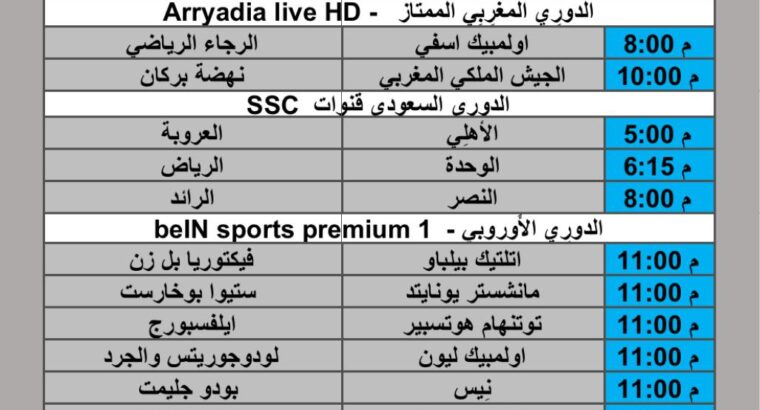 جدول مباريات كرة القدم يوم الخميس 2025/1/30 م