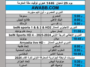 جدول مباريات كرة القدم يوم الخميس 2025/2/27 م