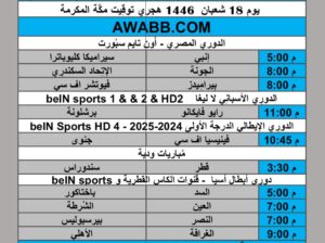 جدول مباريات كرة القدم يوم الإثنين 2025/2/17 م