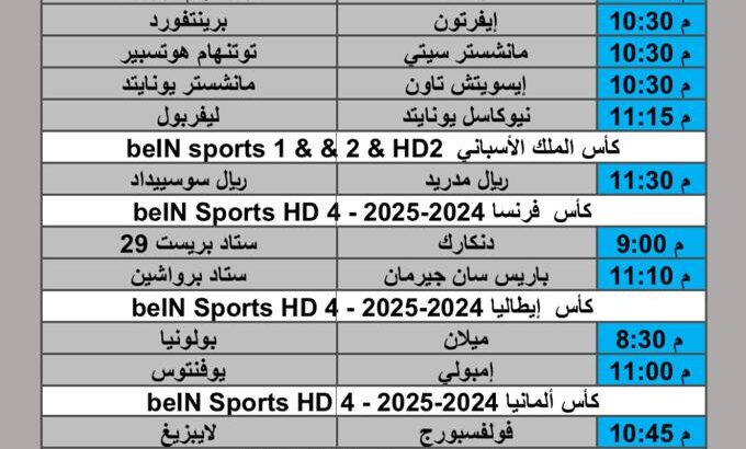 جدول مباريات كرة القدم يوم الأربعاء 2025/2/26 م