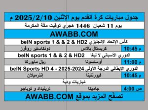 جدول مباريات كرة القدم يوم الإثنين 2025/2/10 م