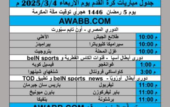 جدول مباريات كرة القدم يوم الأربعاء 2025/3/4 م