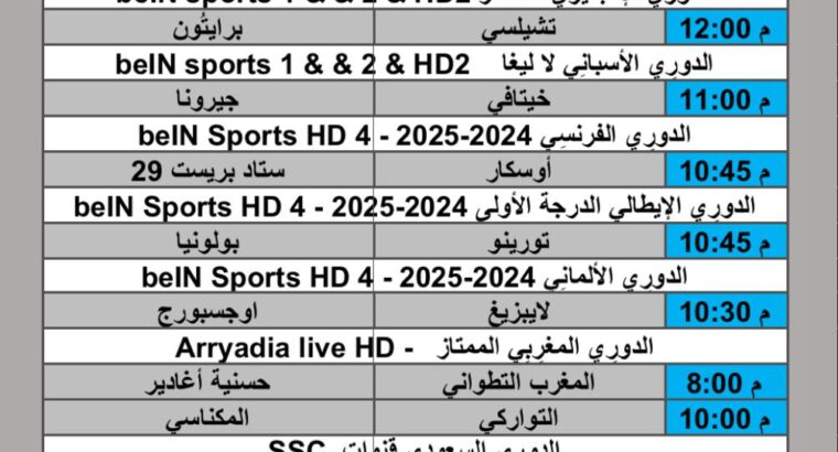 جدول مباريات كرة القدم يوم الجمعة 2025/2/14 م