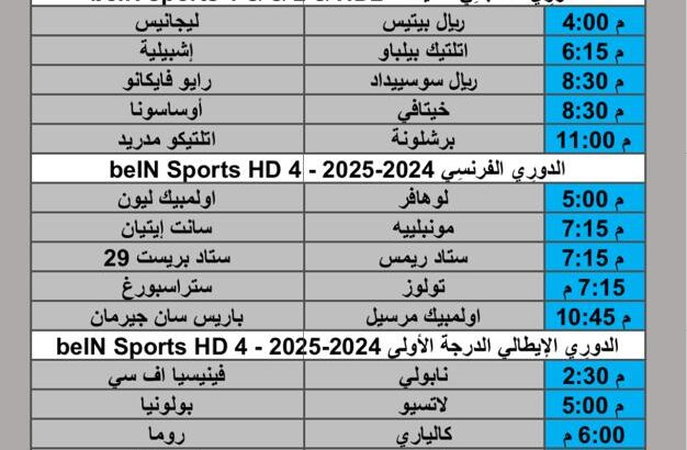 جدول مباريات كرة القدم يوم الأحد 2025/3/16 م