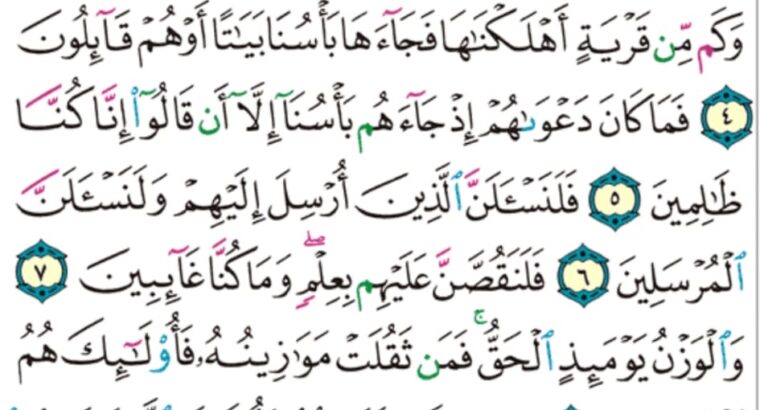 الورد اليومي سورة الأعراف من الآية 1 إلى الآية 11 “ا ل م ص كتاب انزل إليك فلا يكن في صدرك حرج منه لتنذر به و ذكرى للمؤمنين “
