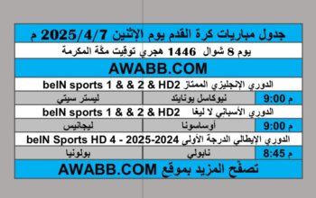 جدول مباريات كرة القدم يوم الإثنين 2025/4/7 م