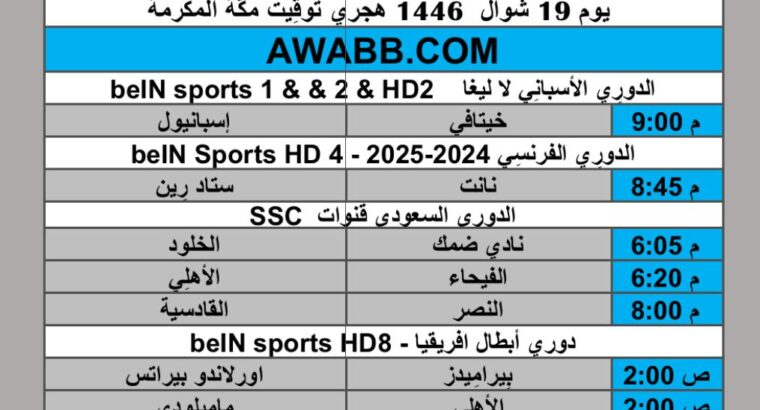 جدول مباريات كرة القدم يوم الجمعة 2025/4/18 م