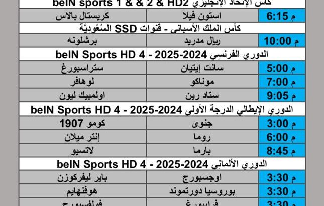 جدول مباريات كرة القدم يوم السبت 2025/4/26 م