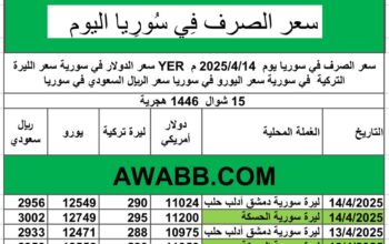 سعر الصرف في سوريا يوم 2025/4/14 م YER سعر الدولار في سورية سعر الليرة التركية في سورية سعر اليورو في سوريا سعر الريال السعودي في سوريا