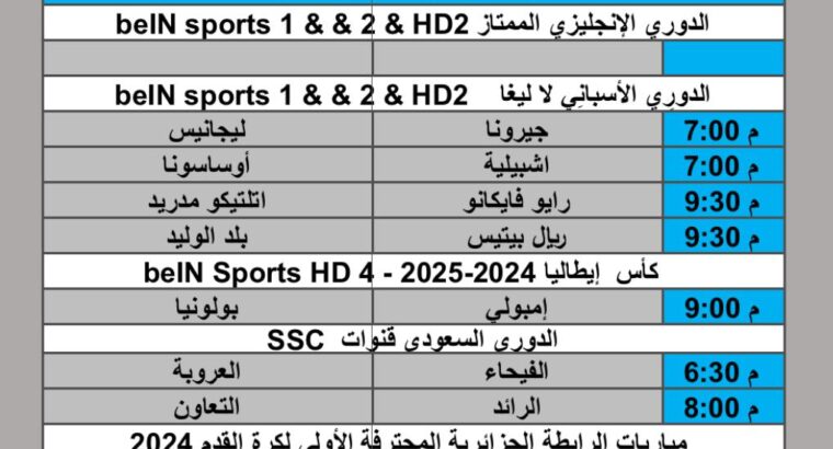جدول مباريات كرة القدم يوم الخميس 2025/4/24 م