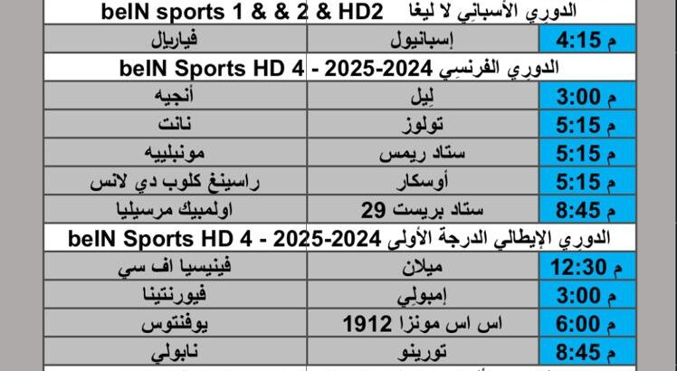 جدول مباريات كرة القدم يوم الأحد 2025/4/27 م