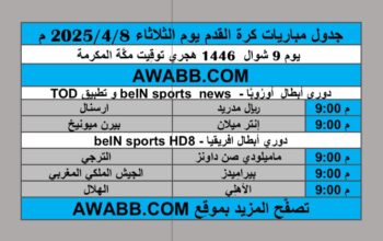 جدول مباريات كرة القدم يوم الثلاثاء 2025/4/8 م
