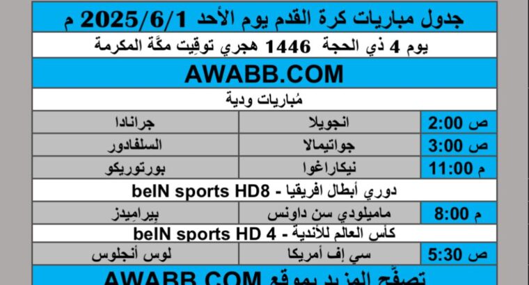 جدول مباريات كرة القدم يوم الأحد 2025/6/1 م
