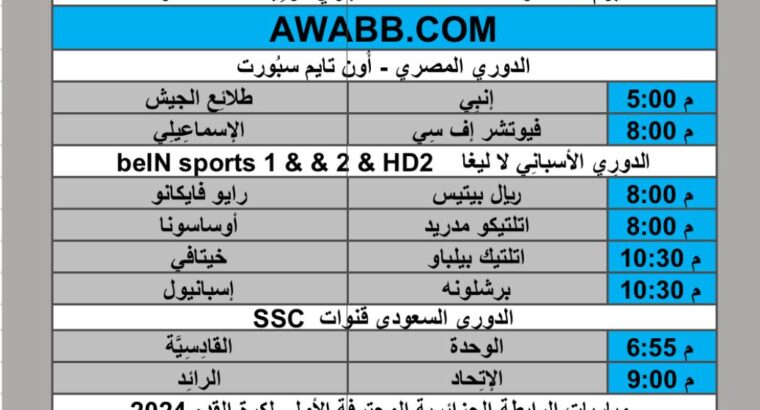 جدول مباريات كرة القدم يوم الخميس 2025/5/15 م
