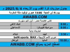 جدول مباريات كرة القدم يوم الأربعاء 2025/6/4 م