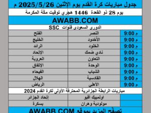 جدول مباريات كرة القدم يوم الإثنين 2025/5/26 م