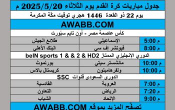 جدول مباريات كرة القدم يوم الثلاثاء 2025/5/20 م