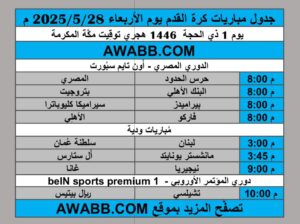 جدول مباريات كرة القدم يوم الأربعاء 2025/5/28 م