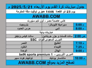 جدول مباريات كرة القدم يوم الأربعاء 2025/5/21 م