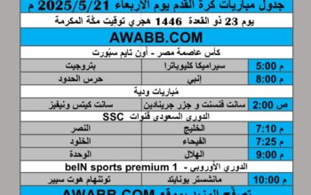 جدول مباريات كرة القدم يوم الأربعاء 2025/5/21 م