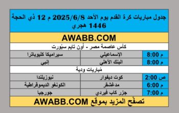 جدول مباريات كرة القدم يوم الأحد 2025/6/8 م 12 ذي الحجة 1446 هجري