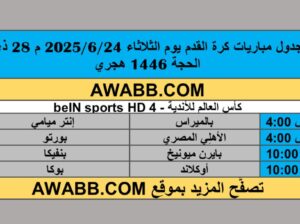 جدول مباريات كرة القدم يوم الثلاثاء 2025/6/24 م 28 ذي الحجة 1446 هجري