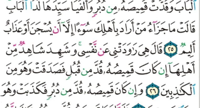 الورد اليومي سورة يوسف من الاية 23 إلى الاية 30 “”و راودته التي هو في بيتها عن نفسه و غلقت الأبواب و قالت هيت لك قال معاذ الله إنه ربي أحسن مثواي إنه لا يفلح الظالمون”