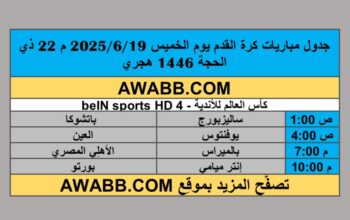 جدول مباريات كرة القدم يوم الخميس 2025/6/19 م 22 ذي الحجة 1446 هجري