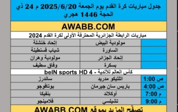 جدول مباريات كرة القدم يوم الجمعة 2025/6/20 م 24 ذي الحجة 1446 هجري