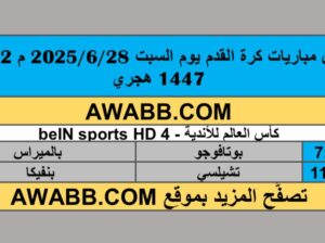 جدول مباريات كرة القدم يوم السبت 2025/6/28 م 2 محرم 1447 هجري