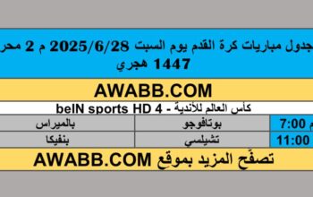 جدول مباريات كرة القدم يوم السبت 2025/6/28 م 2 محرم 1447 هجري