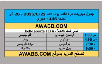 جدول مباريات كرة القدم يوم الاحد 2025/6/22 م 26 ذي الحجة 1446 هجري