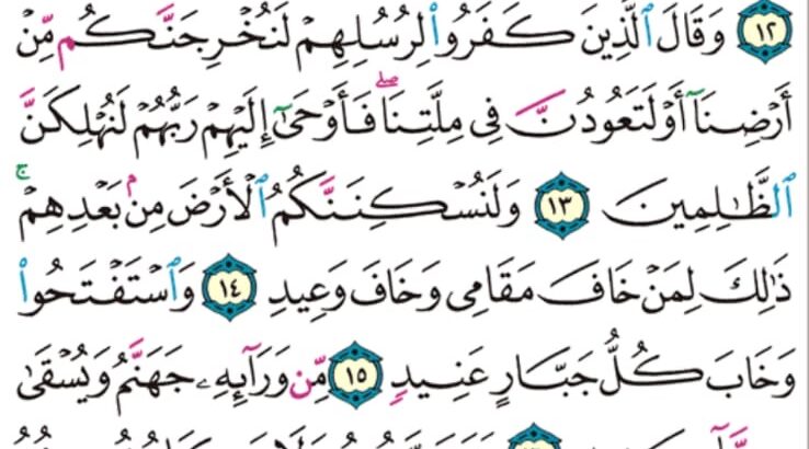 الورد اليومي سورة إبراهيم من الاية 11 إلى الاية 18″قالت لهم رسلهم إن نحن إلا بشر مثلكم و لكن الله يمن على من يشاء من عباده و ما كان لنا أن نأتيكم بسلطان إلا بإذن الله”