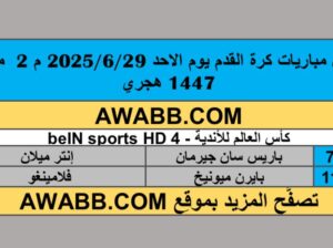 جدول مباريات كرة القدم يوم الاحد 2025/6/29 م 2 محرم 1447 هجري