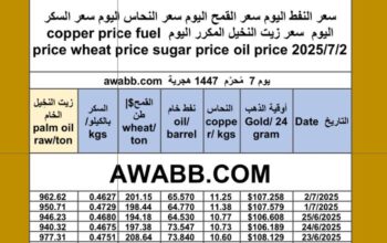 سعر النفط اليوم سعر القمح اليوم سعر النحاس اليوم سعر السكر اليوم سعر زيت النخيل المكرر اليوم copper price fuel price wheat price sugar price oil price 2025/7/2