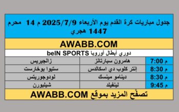 جدول مباريات كرة القدم يوم الأربعاء 2025/7/9 م 14 محرم 1447 هجري
