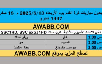 جدول مباريات كرة القدم يوم الأربعاء 2025/8/13 م 18 صفر 1447 هجري