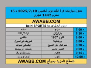 جدول مباريات كرة القدم يوم الخميس 2025/7/10 م 15 محرم 1447 هجري