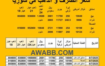 سعر الذهب اليوم في سوريا سعر الصرف في سوريا اليوم 2025/7/8 م 13 محرم 1447 هجرية سعر الدولار في سورية سعر الليرة التركية في سورية سعر اليورو في سوريا سعر الريال السعودي في سوريا