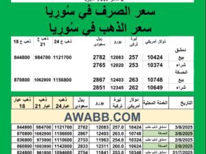 سعر الذهب اليوم في سوريا سعر الصرف في سوريا اليوم 2025/8/3 Syrian exchange سعر الدولار في سورية سعر الليرة التركية في سورية سعر اليورو في سوريا سعر الريال السعودي في سوريا