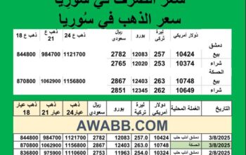 سعر الذهب اليوم في سوريا سعر الصرف في سوريا اليوم 2025/8/3 Syrian exchange سعر الدولار في سورية سعر الليرة التركية في سورية سعر اليورو في سوريا سعر الريال السعودي في سوريا